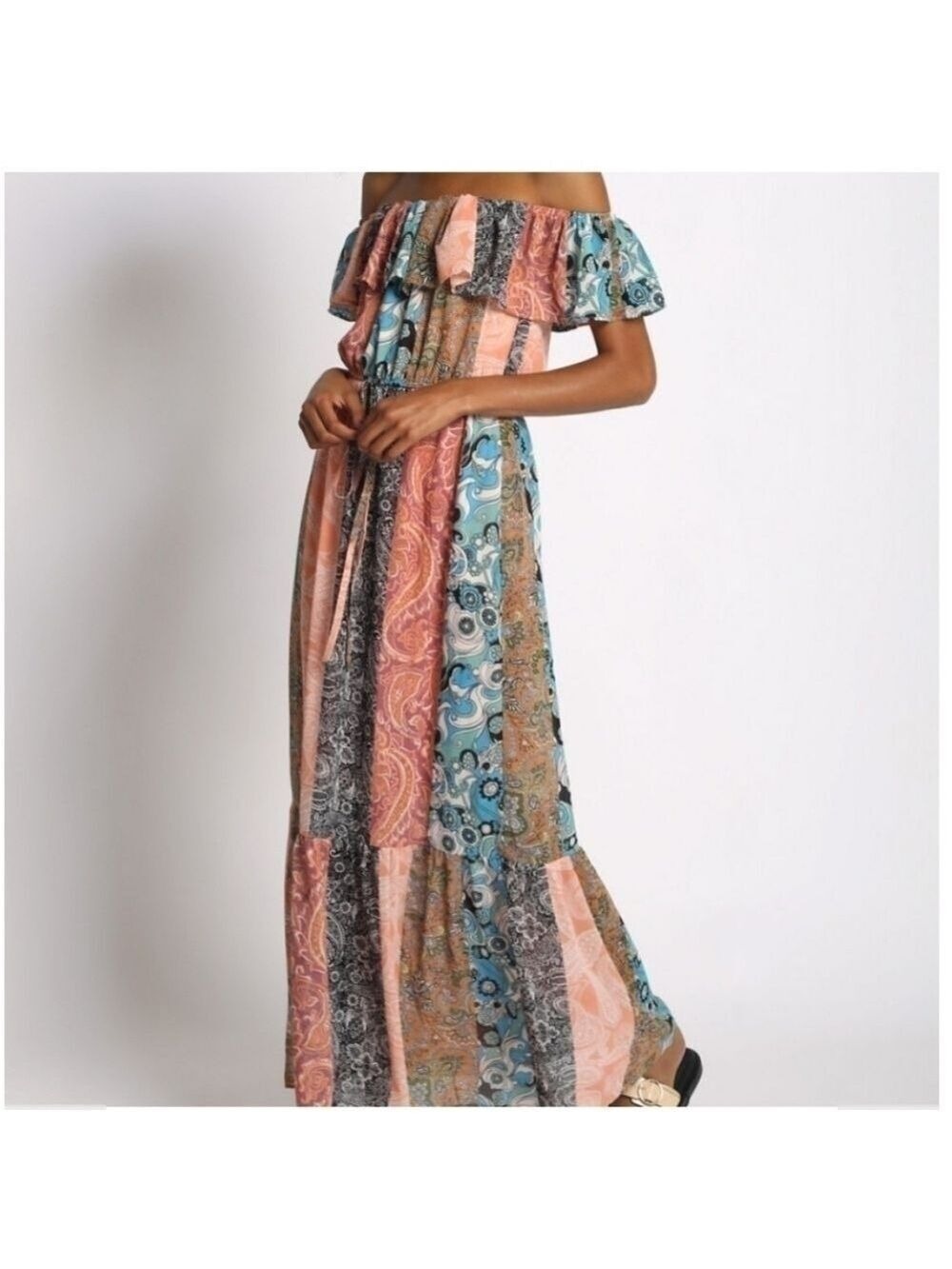 BOHO OFF SHOULDER PATCH PRINT MAXI DRESS Flounce Tie Waist Sz: L - Picture 3 of 6